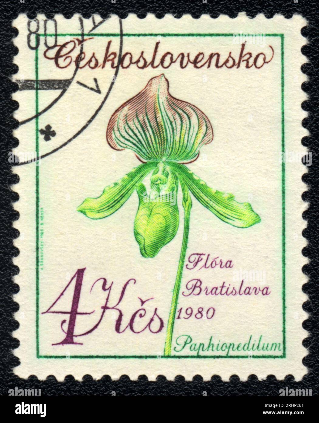 Ein in der Tschechoslowakei gedruckter Stempel zeigt ein Bild eines Paphiopedilums, Flora Bratislava, 1980 Stockfoto