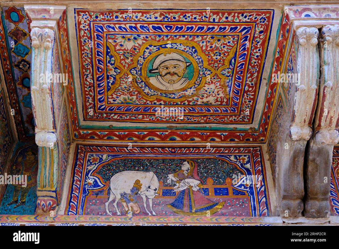 Indien, Rajasthan, Shekhawati Region, Mandawa Dorf, Malerei auf der Fassade eines alten Haveli Stockfoto
