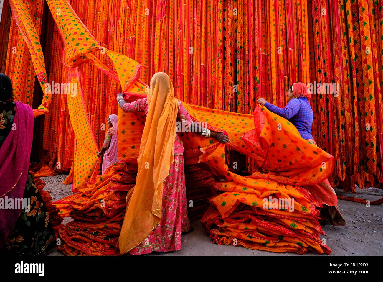 Indien, Rajasthan, Sari Factory, Textile sind an der frischen Luft getrocknet. Sammeln von trockenen Textil durch Frauen gefaltet werden Stockfoto