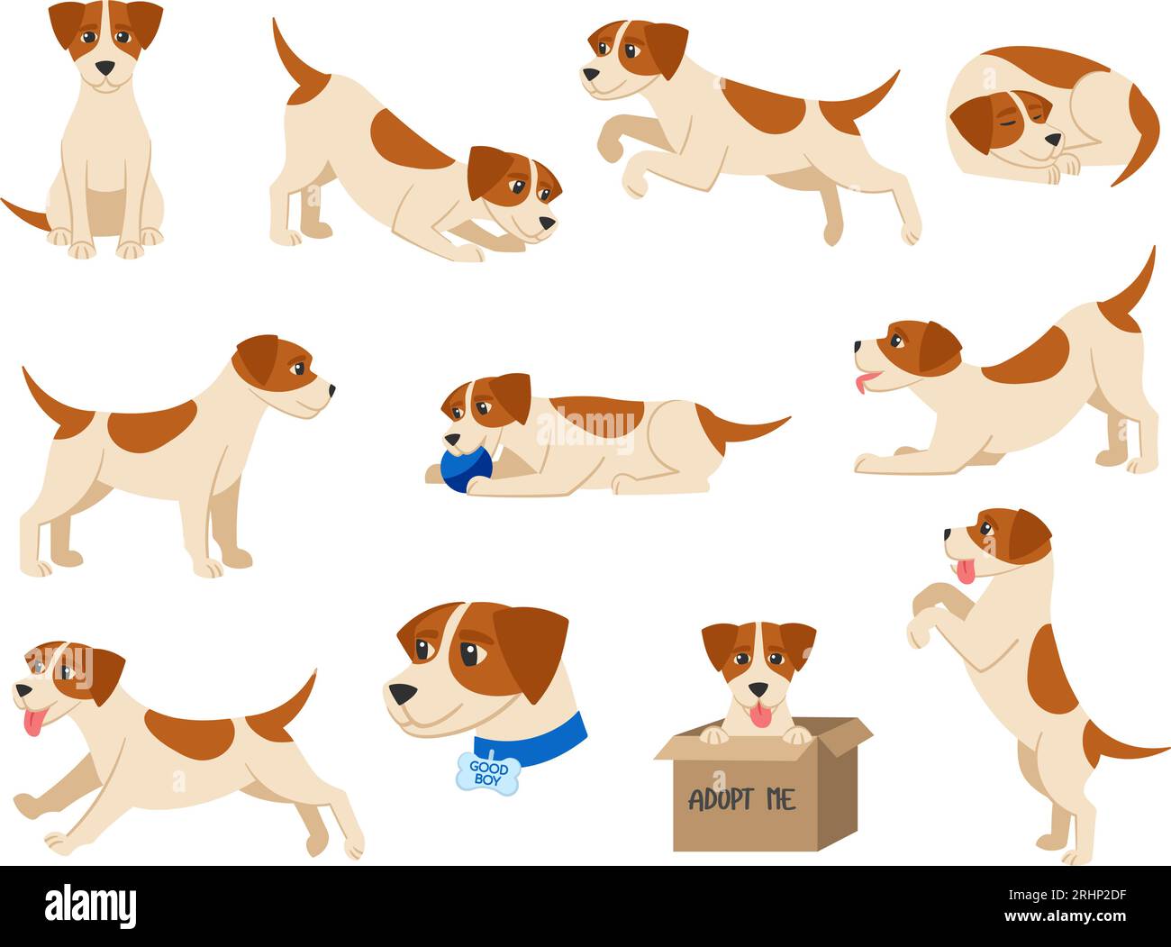 Comic-Hund. Das verspielte Beagle-Hündchen sitzt, läuft, schläft und spielt mit dem Ball. Good Boy Vektor-Illustrationsset Stock Vektor