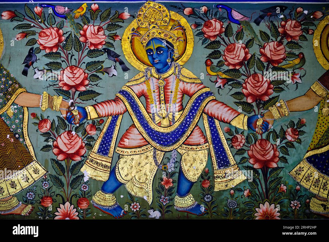 Indien, Rajasthan, Region Shekhawati, Dorf Mandawa, jhunjhunwala Haveli, goldener Raum, Gemälde, das den Tanz Krishnas mit den Gopis darstellt Stockfoto