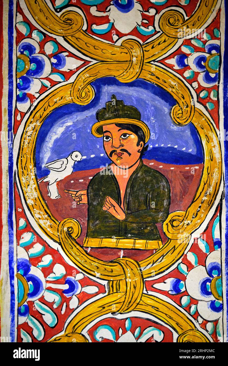 Indien, Rajasthan, Shekhawati Region, Mandawa Dorf, Malerei auf der Fassade eines alten Haveli Stockfoto
