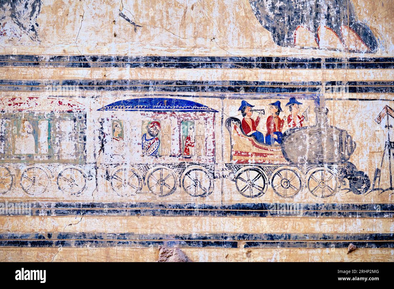 Indien, Rajasthan, Shekhawati Region, Mandawa Dorf, Malerei auf der Fassade eines alten Haveli Stockfoto