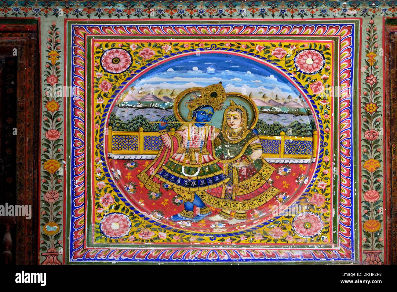 Indien, Rajasthan, Region Shekhawati, Dorf Mandawa, jhunjhunwala Haveli, goldener Raum, Gemälde, das den Tanz Krishnas mit den Gopis darstellt Stockfoto