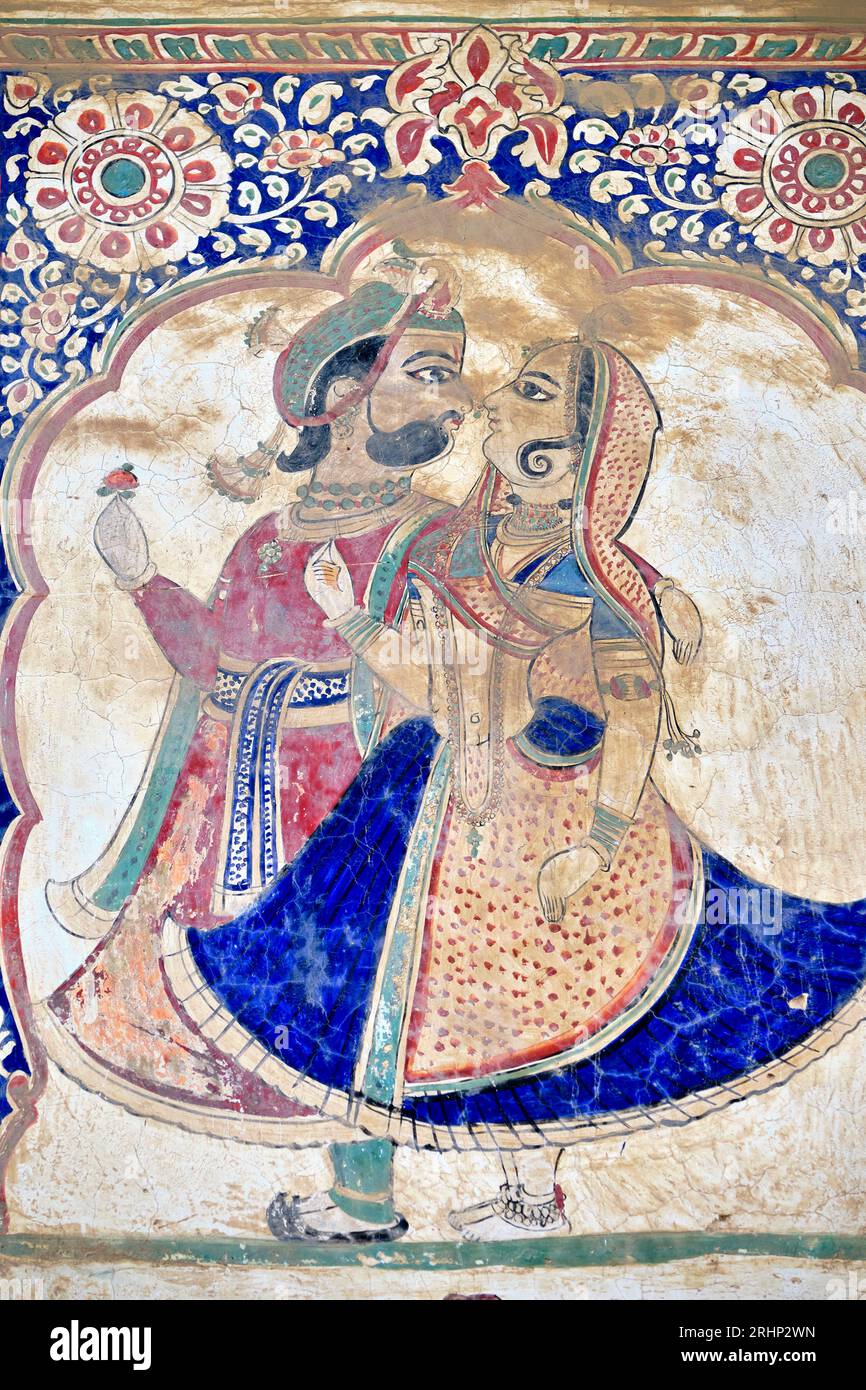 Indien, Rajasthan, Shekhawati Region, Mandawa Dorf, Malerei auf der Fassade eines alten Haveli Stockfoto