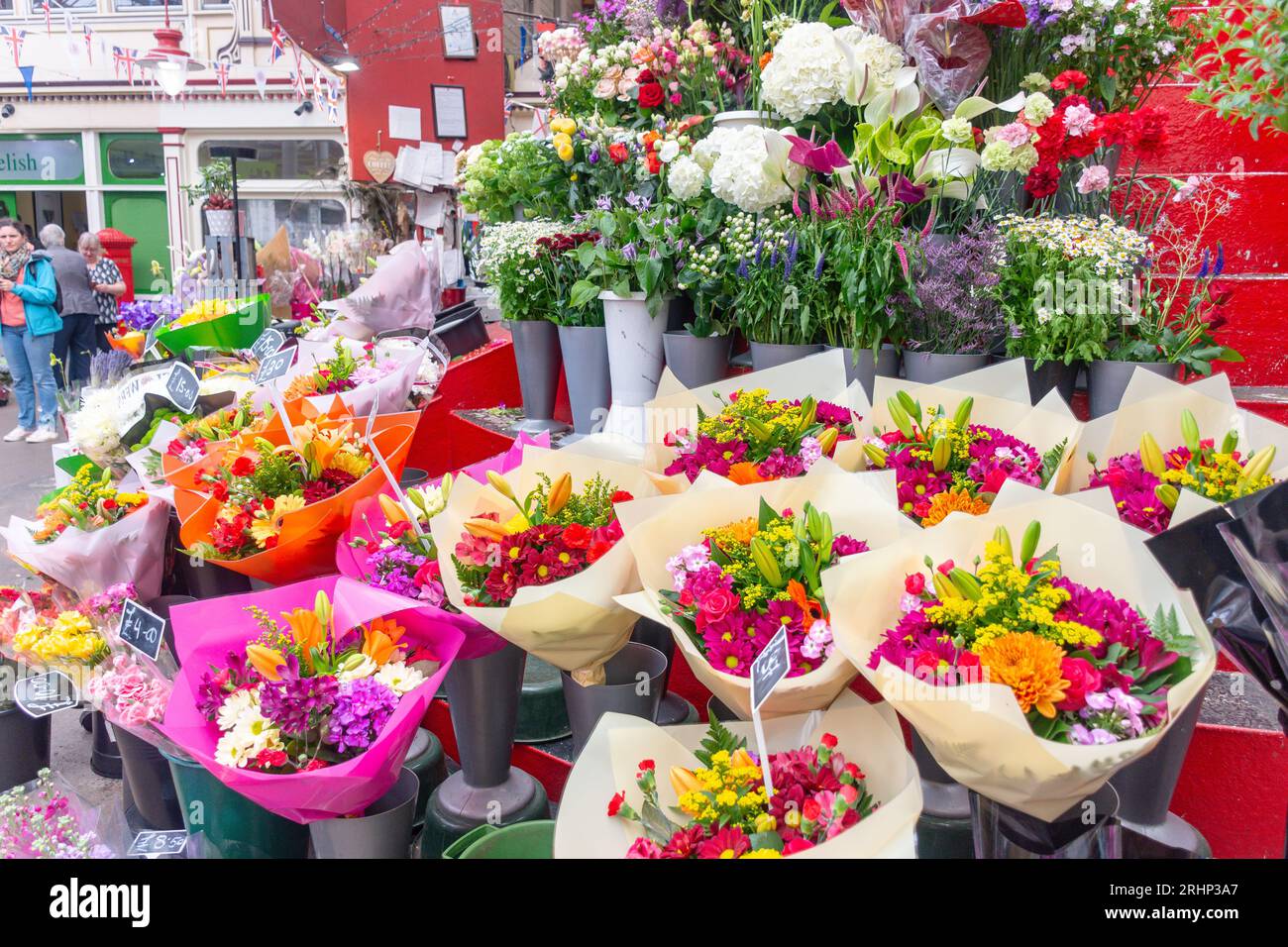 Blumenstand im Central Market, Halkett Place, St. Helier, Saint Helier Parish, Jersey, Kanalinseln Stockfoto