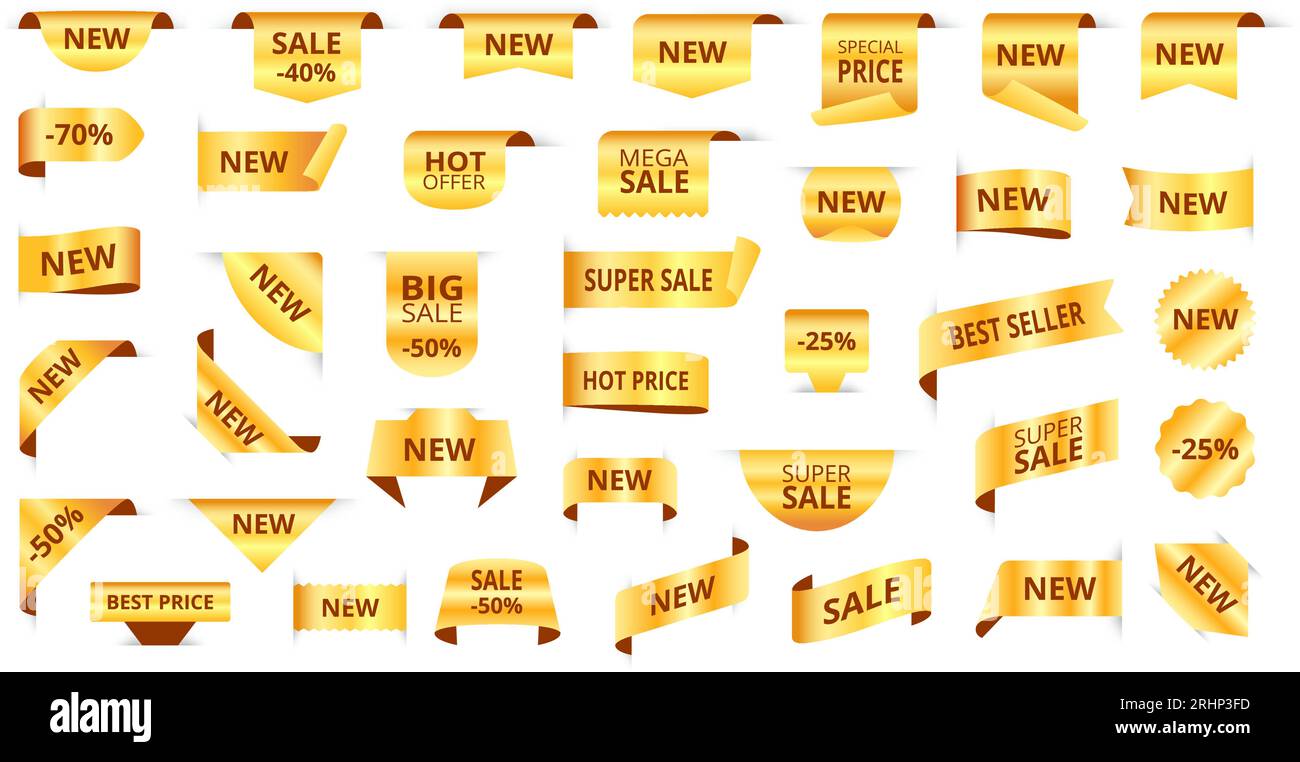 Goldene Tags. Neue Etikettenbänder, goldener Verkaufsetikett und Rabattabzeichen. Vektorbündel für Werbeangebote mit Bannern Stock Vektor