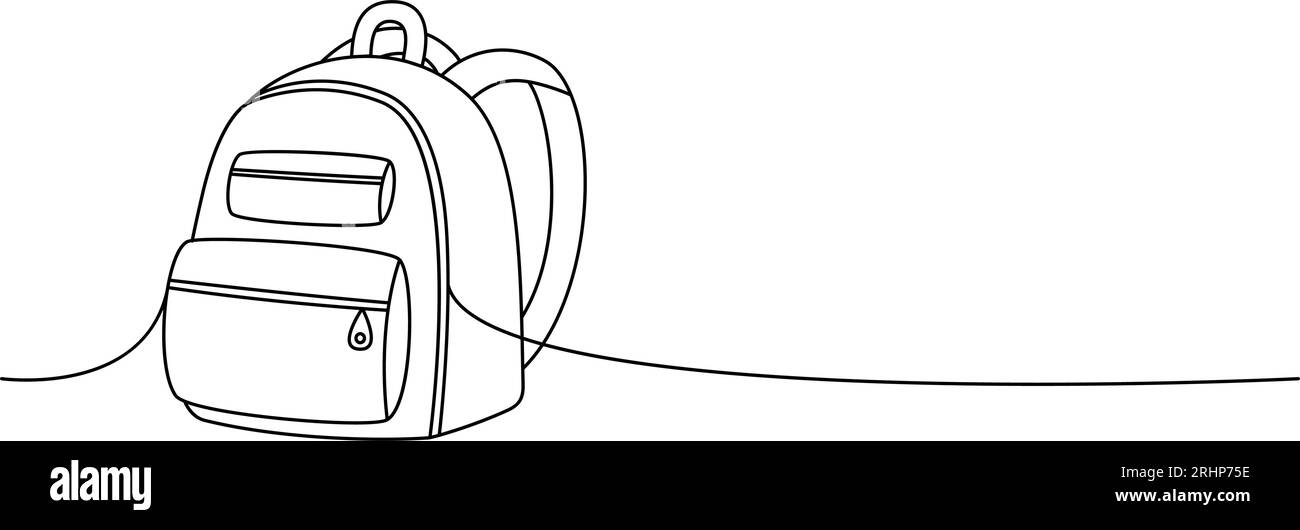 Schulrucksack, Schultasche, Bürozubehör, eine Linie durchgehendes Zeichnen. Fortlaufende einzeilige Illustration zur Schule. Stock Vektor