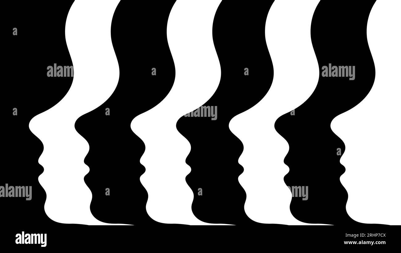 Abwechselnde Schwarz-weiß-Silhouetten von Flächen in einem Profil in einer Reihe. Optische Illusion. Surreales Bild der Menge. Das Konzept von Uniformität und Masse Stock Vektor