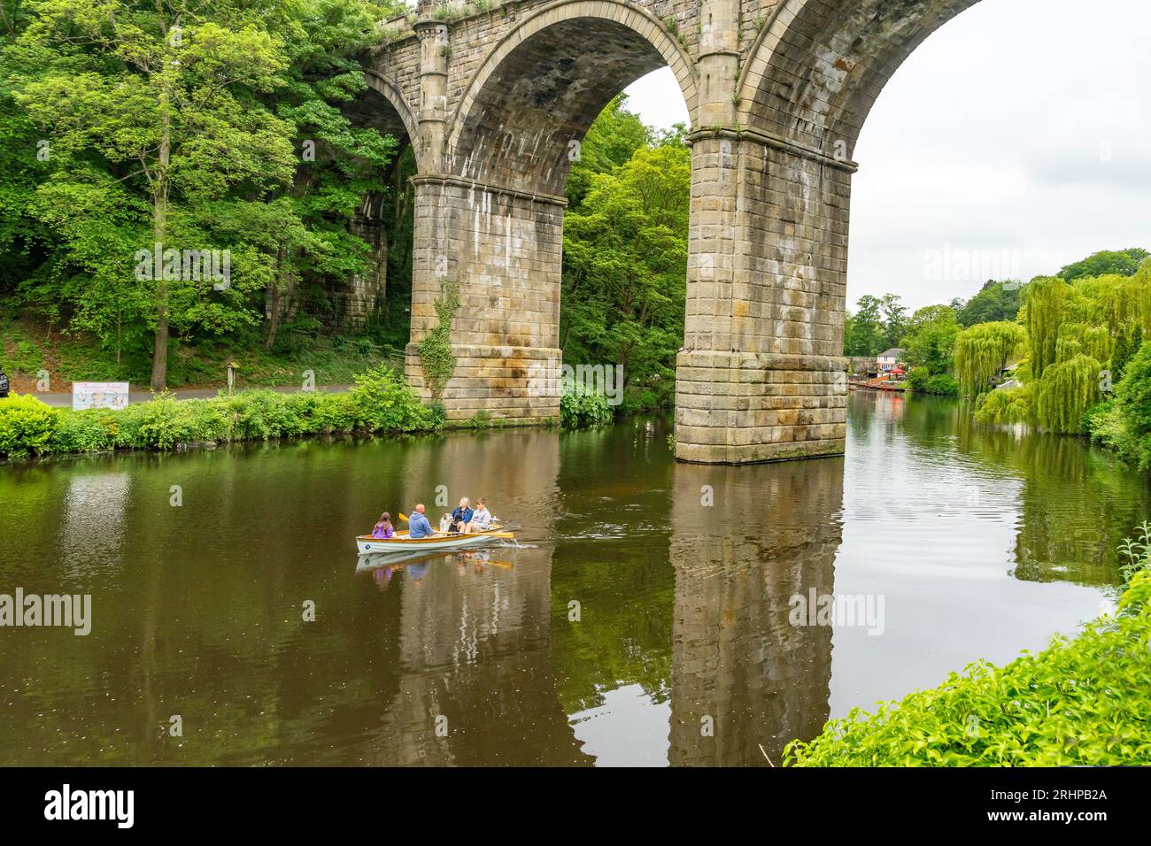 Ruderboot mit guter Geschwindigkeit auf dem Nidd, Knaresborough, North Yorkshire, England, Großbritannien Stockfoto