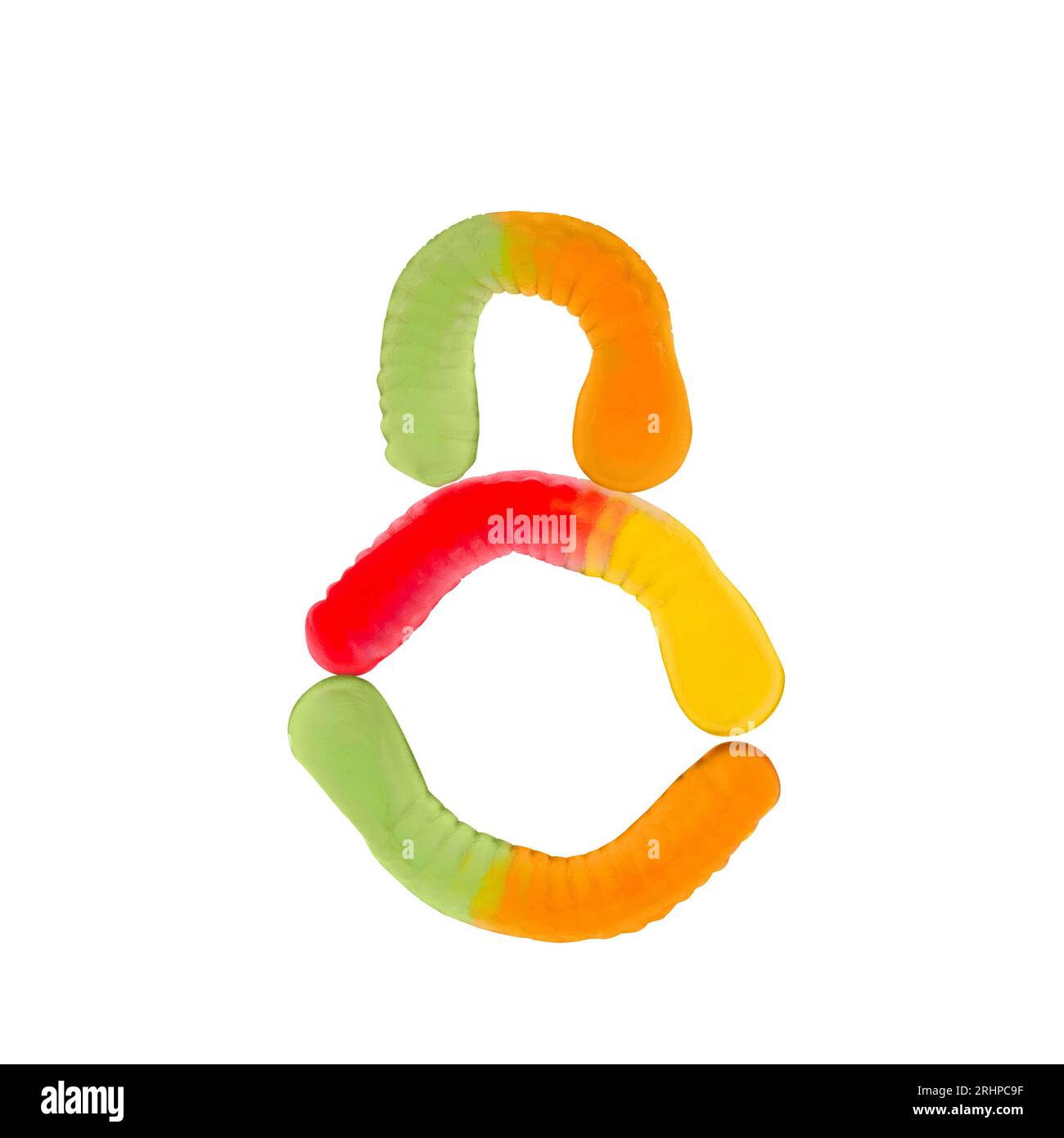 Nummer 8 aus Gummiwürmern und isoliert auf reinweißem Hintergrund. Das Konzept der Lebensmittelnummerierung. Eine Reihe von Süßspeisen-Schriftarten lässt sich leicht stapeln Stockfoto