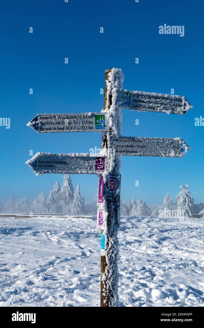 Wegweiser auf dem Gipfel im Winter, Erbeskopf (816m), höchster Berg im Hunsrück, Naturpark Saar-Hunsrück, Rheinland-Pfalz, Deutschland Stockfoto