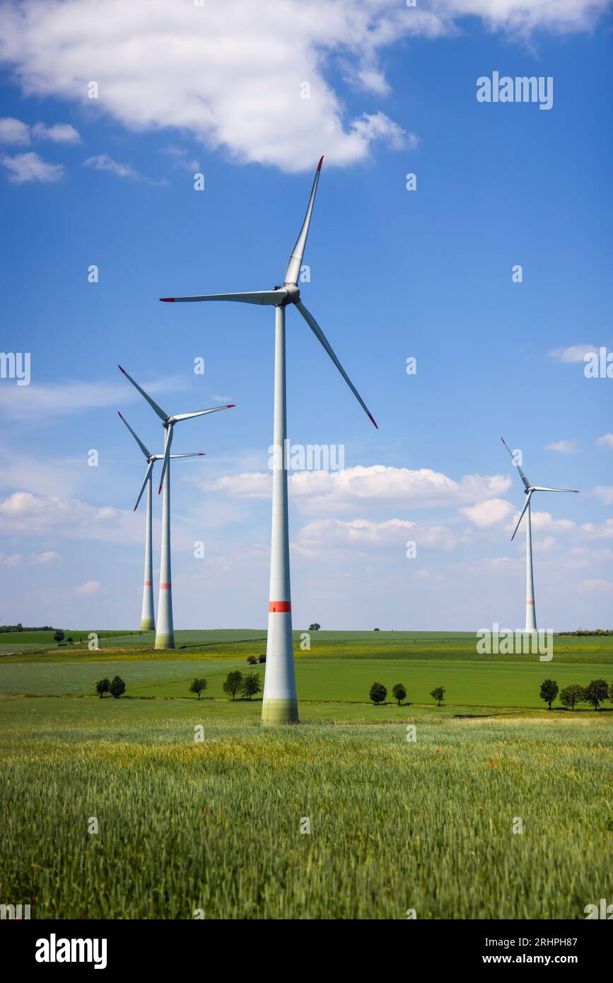 Lichtenau, Nordrhein-Westfalen, Deutschland – Windpark in landwirtschaftlicher Landschaft mit Feldern, Hügeln und Bäumen. Stockfoto