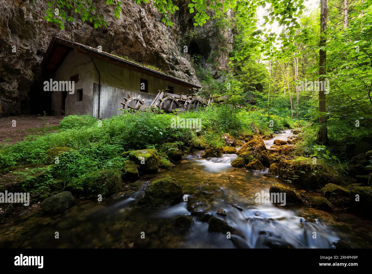 Wilde Natur und alte Mühle im Non Valley. Europa, Italien, Trentino Südtirol, Nontal, Bezirk Trient, Borgo d'Anaunia, Fondo Stockfoto