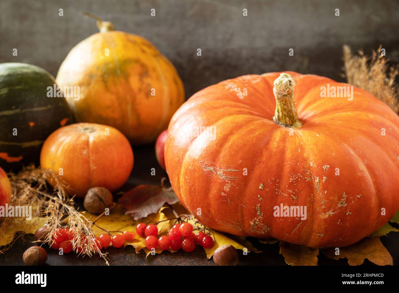 Herbsttag Thanksgiving oder Halloween Hintergrund. Weihnachtliches Herbstdekor aus Reifen Kürbissen, Beeren und Blättern auf einem hölzernen Hintergrund. Stockfoto