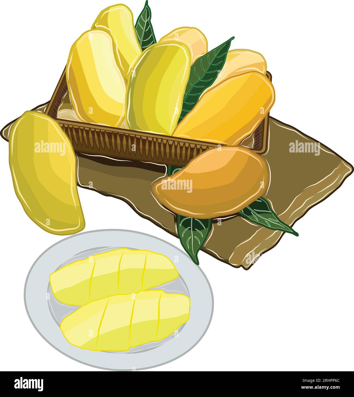 Reife gelbe, orangefarbene Mangos, geschält, in Stücke geschnitten und auf einen Teller gelegt. Stock Vektor