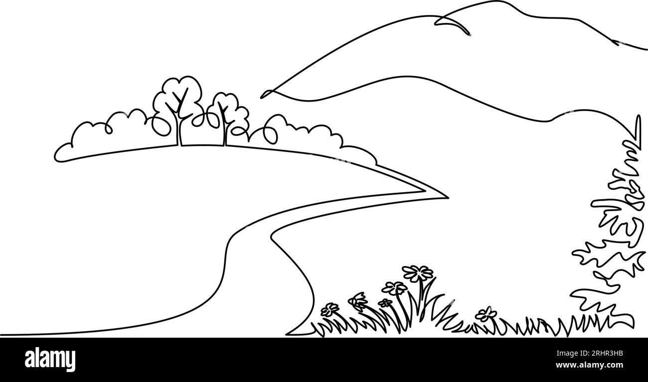 Landschaft mit Blumen, Bäumen und Bergen. Einzeilige Zeichnung Stock Vektor