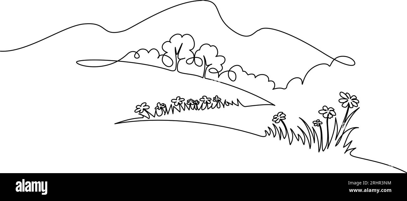 Landschaft mit Blumen, Bäumen und Bergen. Einzeilige Zeichnung Stock Vektor