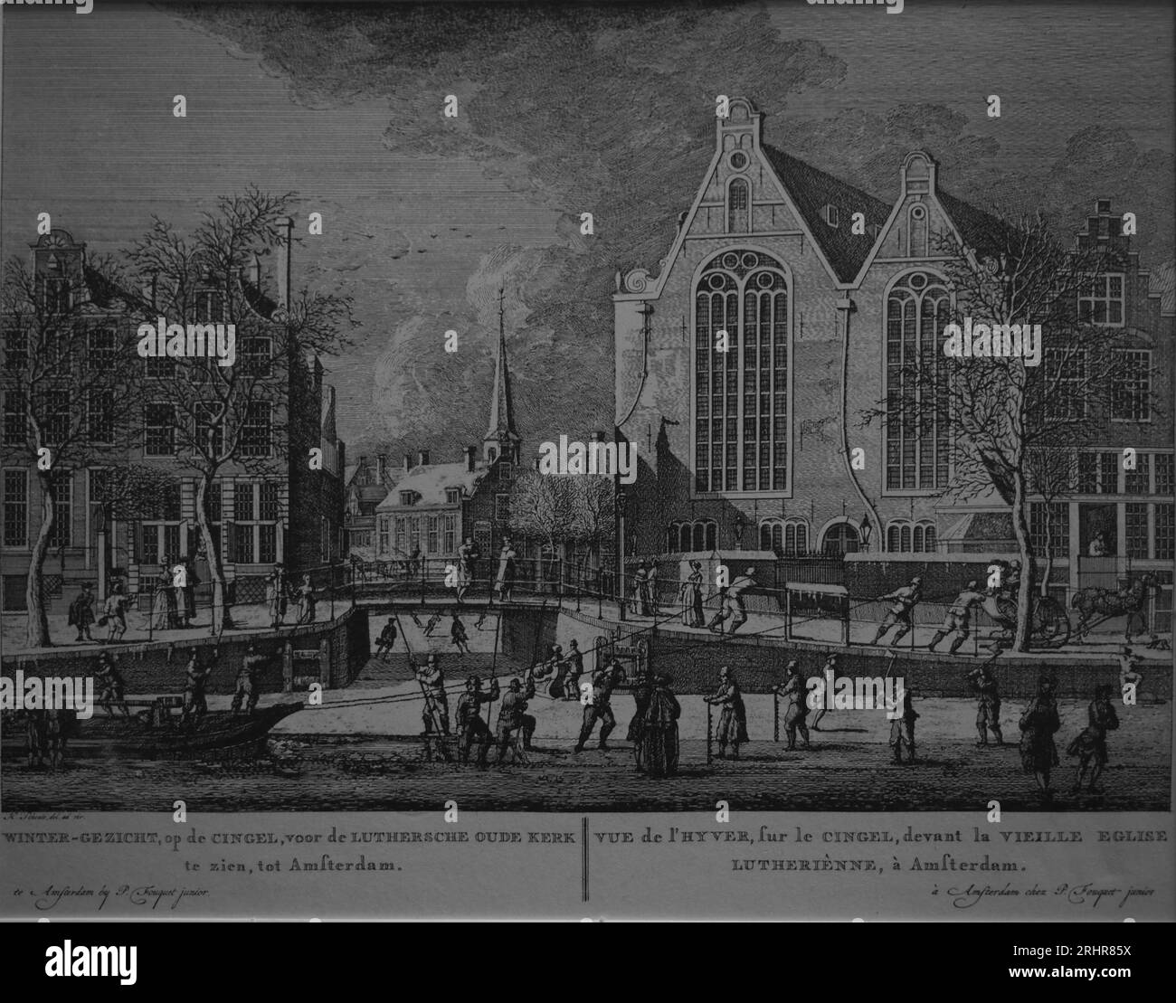 Antiquitätendruck: Landschaft des mittelalterlichen Amsteredam Stockfoto