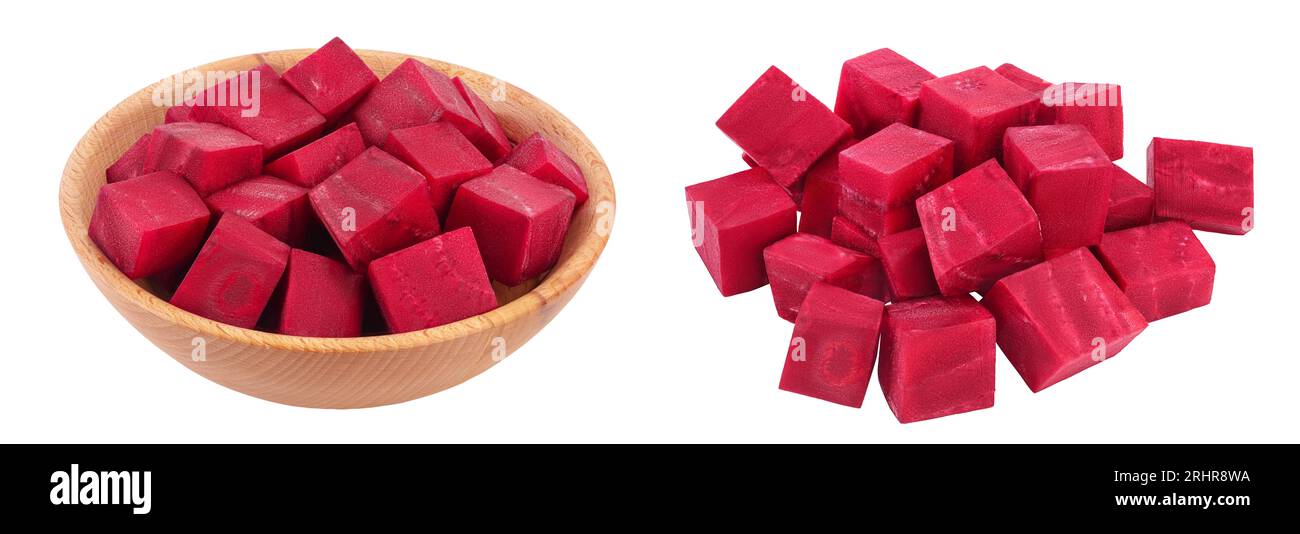 Rote Beete in Holzschalen auf weißem Hintergrund mit voller Feldtiefe Stockfoto