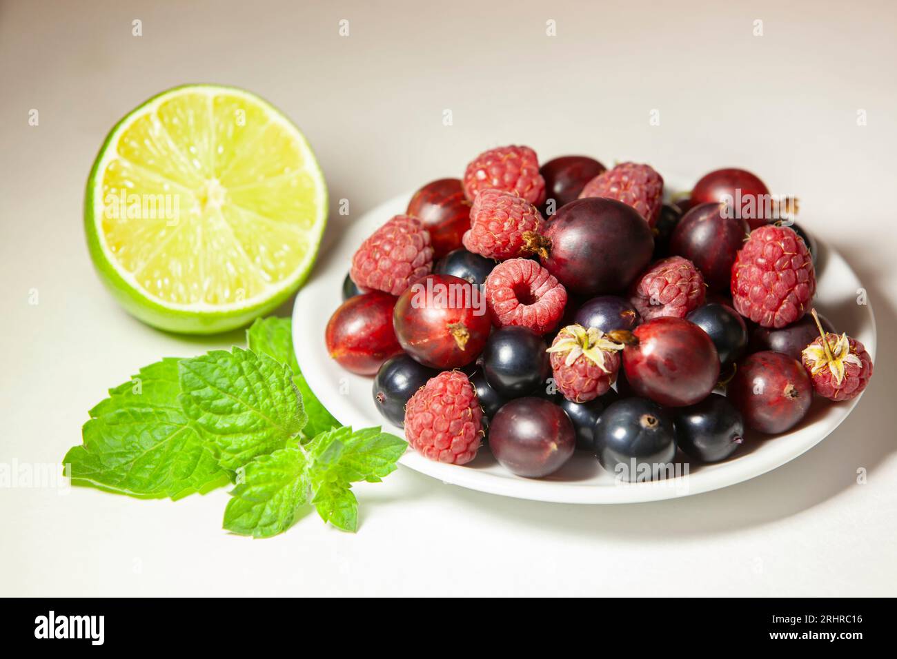 Mischung aus Limetten, Minze und Beeren. Zutaten für ein erfrischendes Sommergetränk. Ökologisches Lebensmittel- und Getränkekonzept. Stockfoto