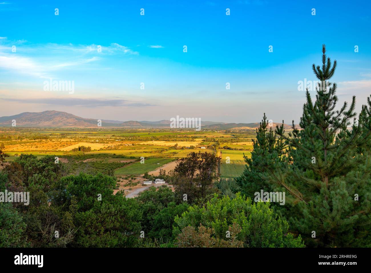 Blick auf die Felder und Bauernhöfe der Region Maule im Süden Chiles Stockfoto