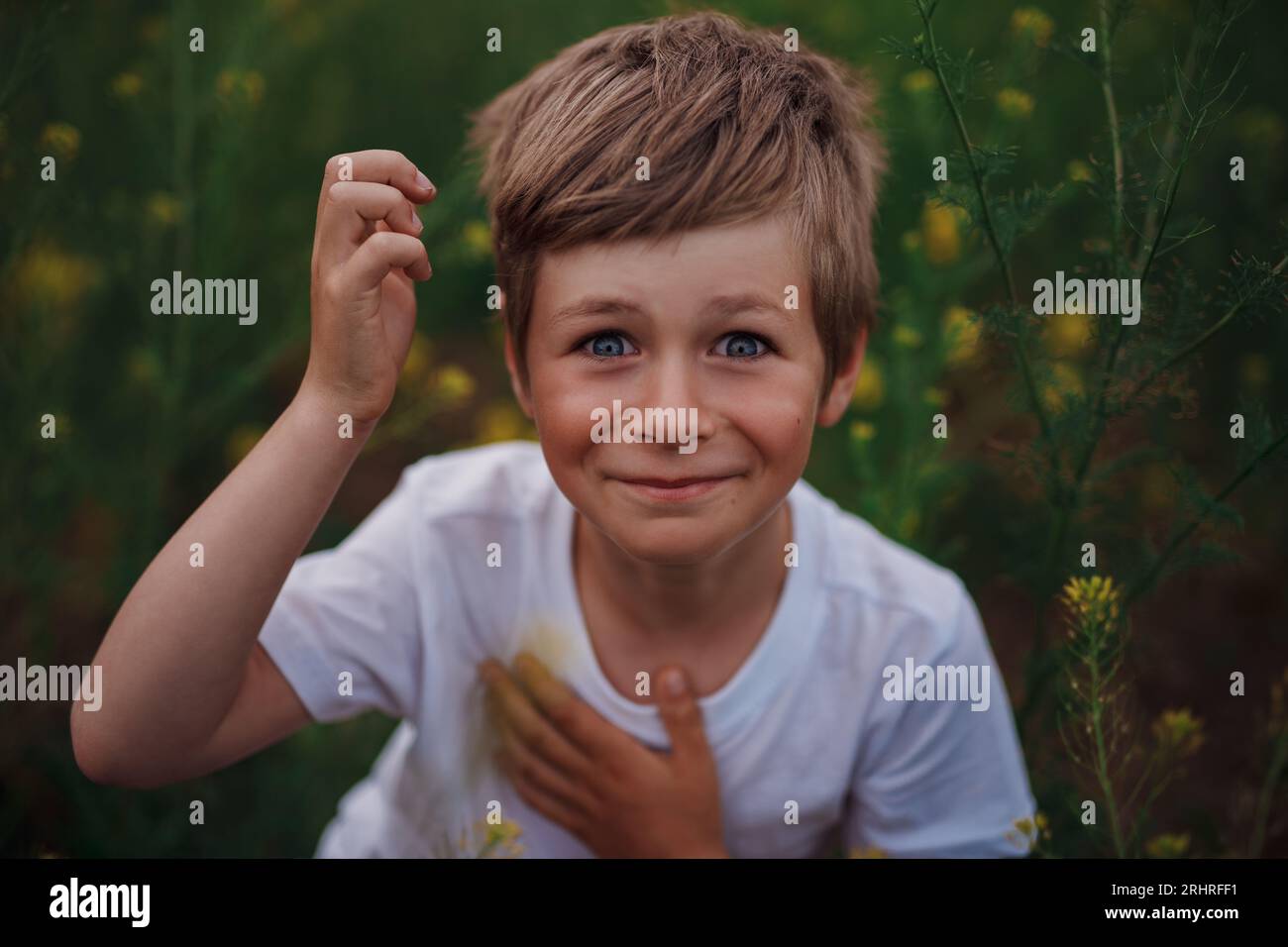 Porträt eines begeisterten Jungen auf einer Blumenwiese Stockfoto