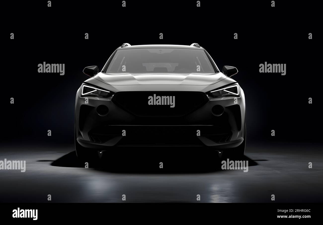 Allgemeiner und ungebrandeter Sportwagen auf dunklem Hintergrund, 3D-Illustration Stockfoto