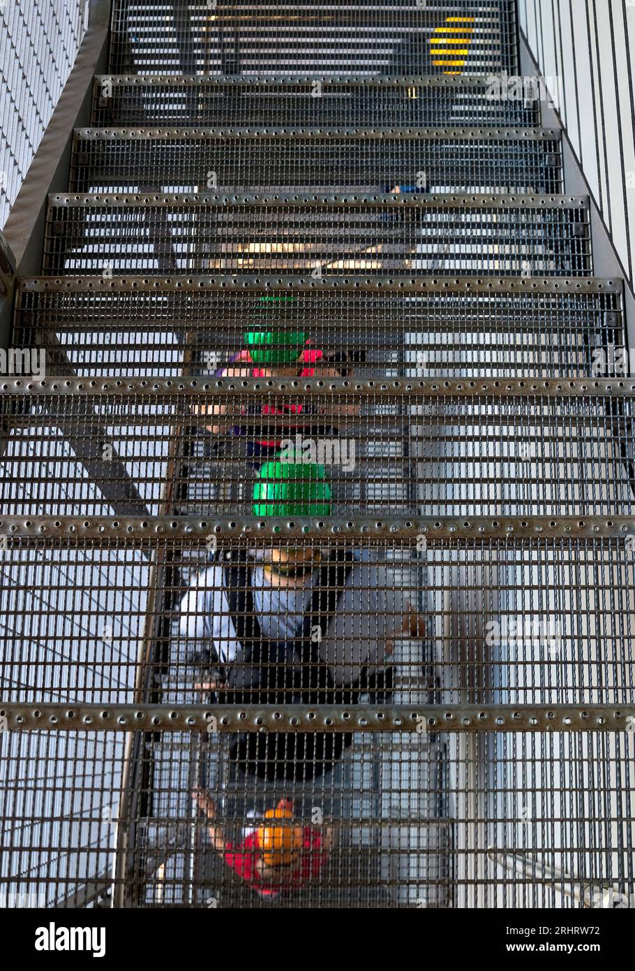 Besucher auf einer Gittertreppe des ehemaligen Industriebetriebs Phoenix-West, Deutschland, Nordrhein-Westfalen, Ruhrgebiet, Dortmund Stockfoto