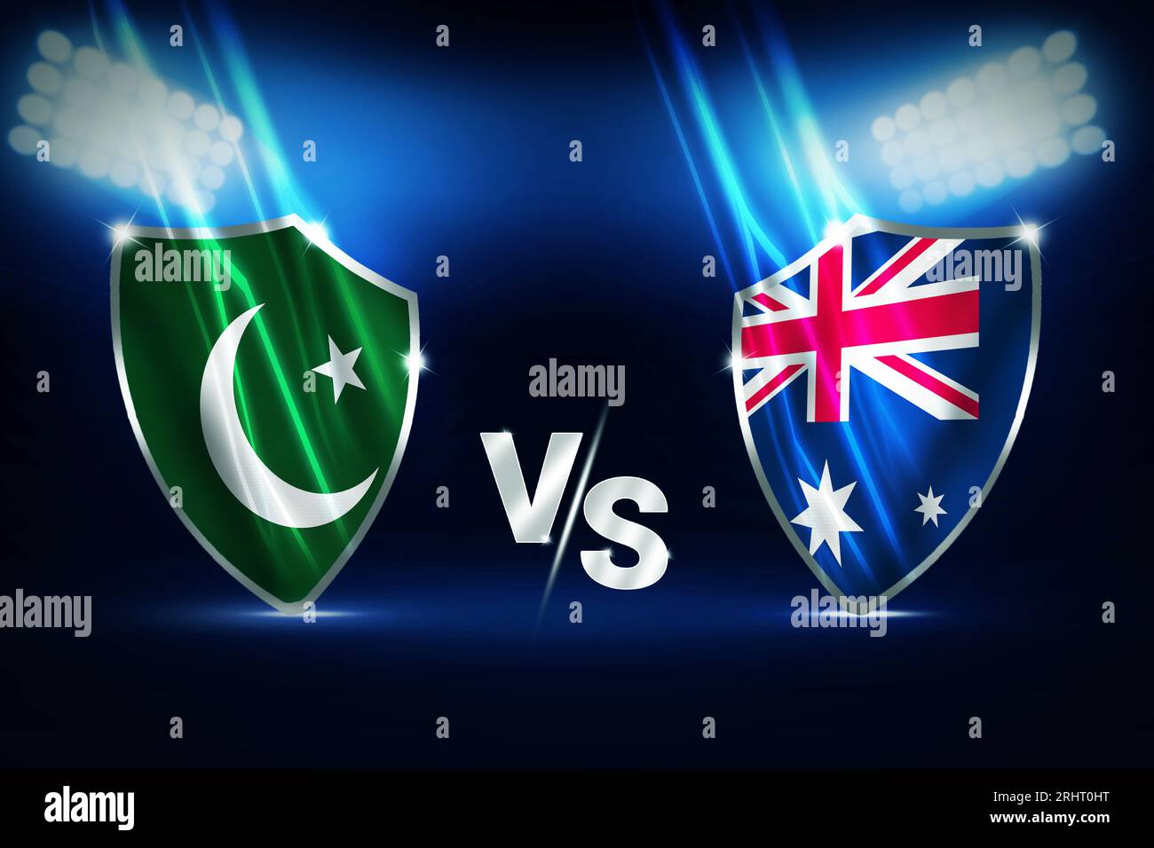 Pakistan vs. Australien Cricket Championship Hintergrund mit Stadionbeleuchtung und wehenden Fahnen Stockfoto