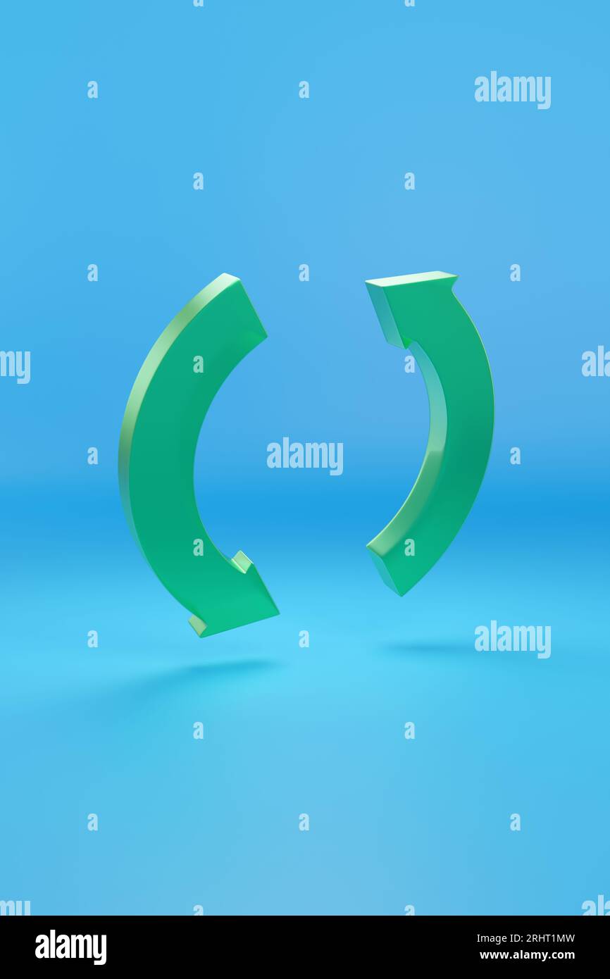 Grünes Aktualisierungssymbol auf blauem Hintergrund. 3D-Abbildung. Stockfoto