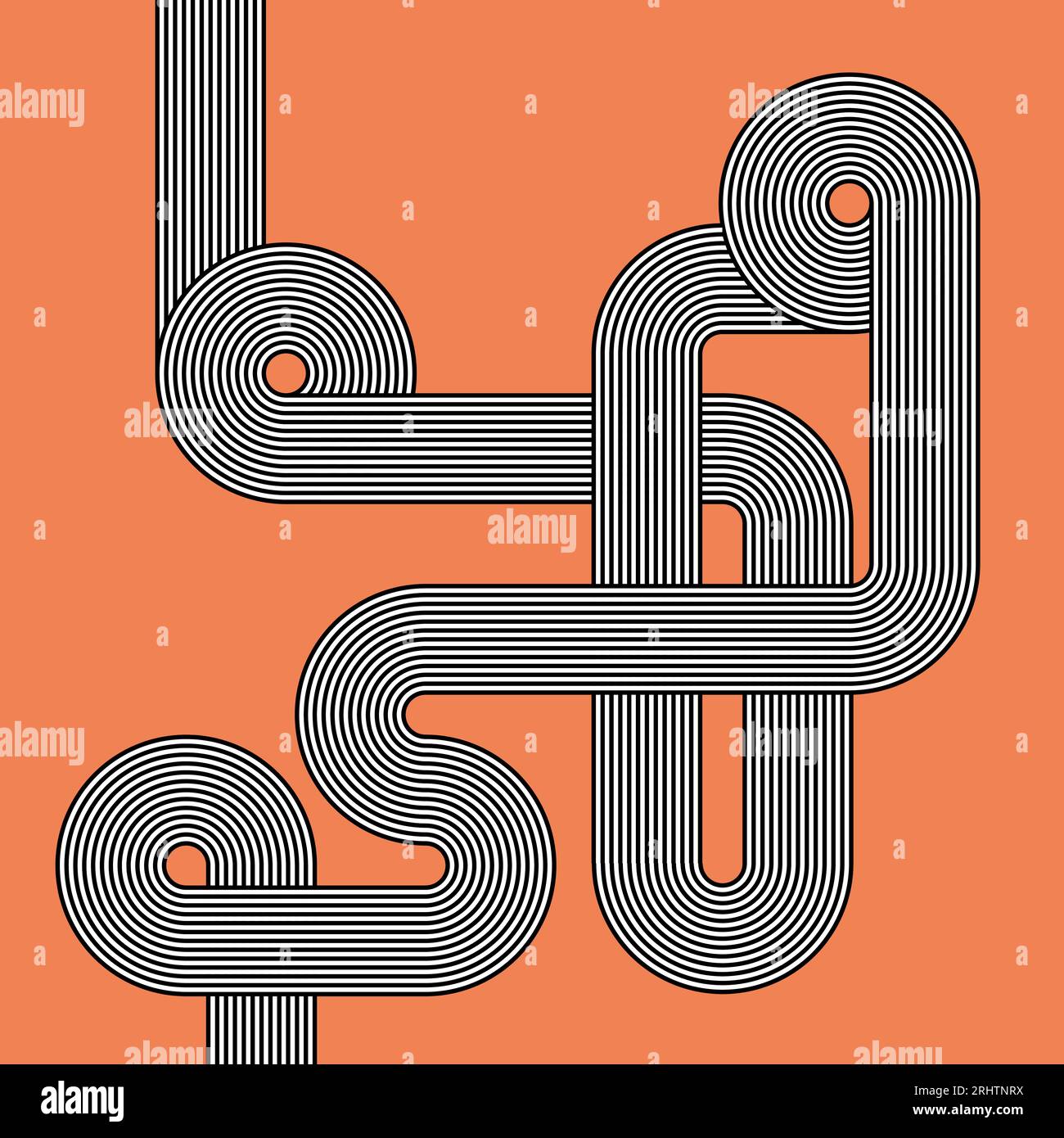 Abstraktes Retro-Muster. Orangefarbener Vintage-Hintergrund. Schwarz-weiß verflochtene Linien. Stock Vektor
