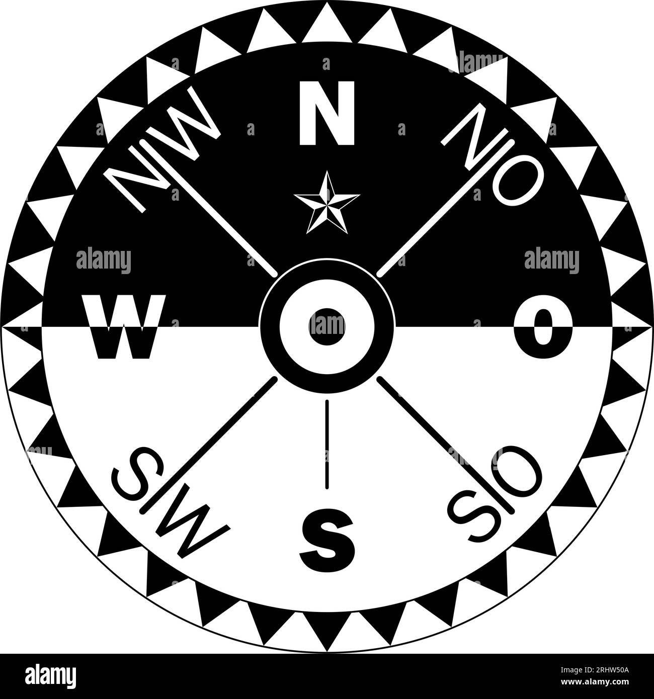 Kompassrosenvektor mit deutscher Ostbeschreibung. Windrose mit acht Windrichtungen und Nordsternsymbol. Stock Vektor