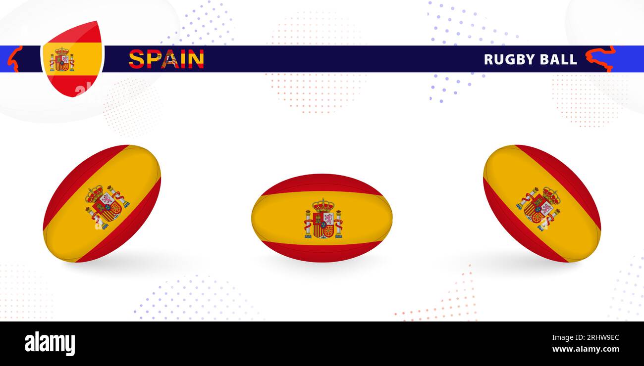 Rugby-Ball mit der Flagge Spaniens in verschiedenen Winkeln auf abstraktem Hintergrund. Rugby Vector Kollektion. Stock Vektor