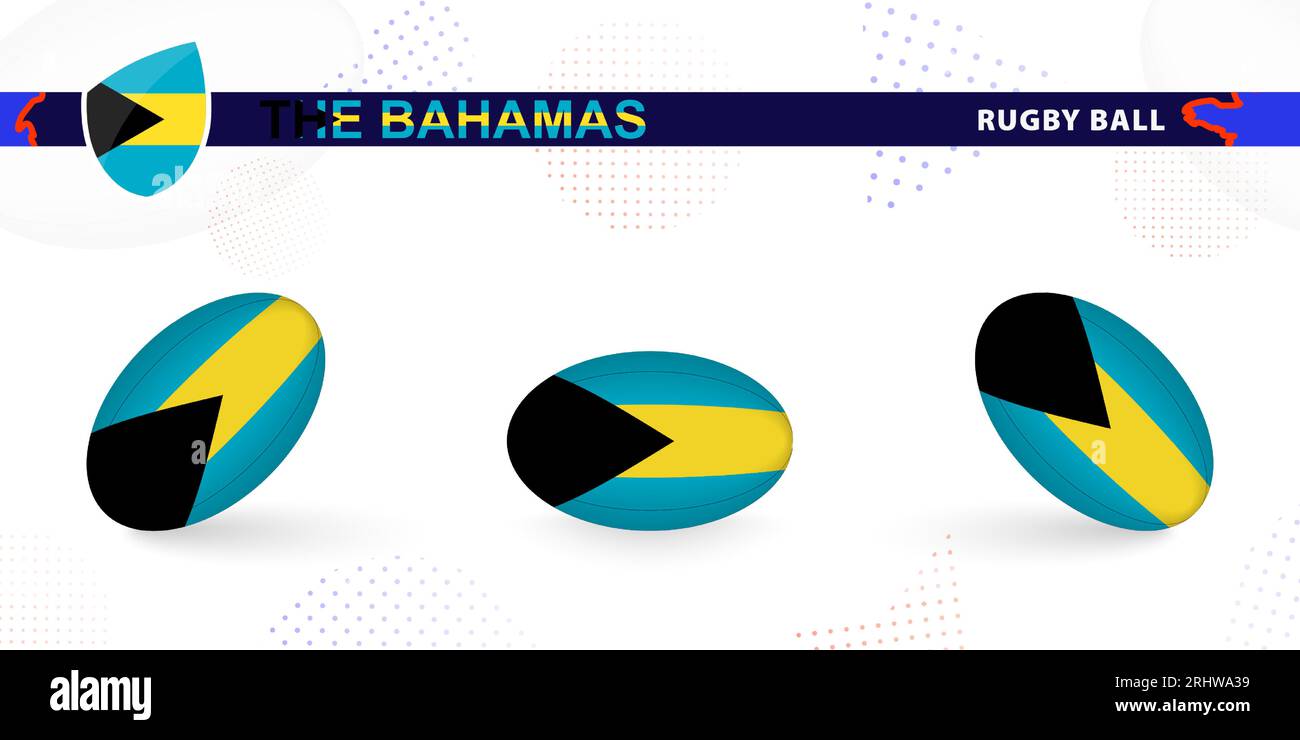 Rugby-Ball mit der Flagge der Bahamas in verschiedenen Winkeln auf abstraktem Hintergrund. Rugby Vector Kollektion. Stock Vektor
