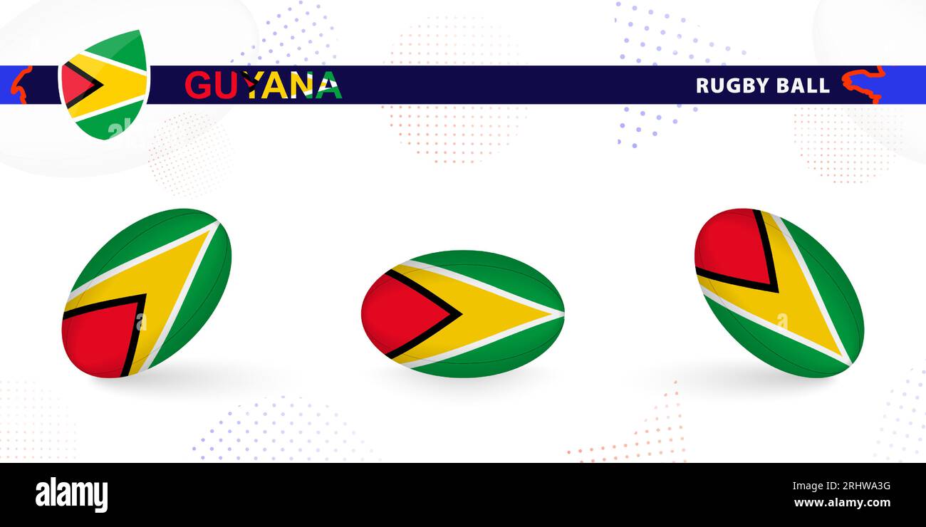 Rugby-Ball mit der Flagge Guyanas in verschiedenen Winkeln auf abstraktem Hintergrund. Rugby Vector Kollektion. Stock Vektor