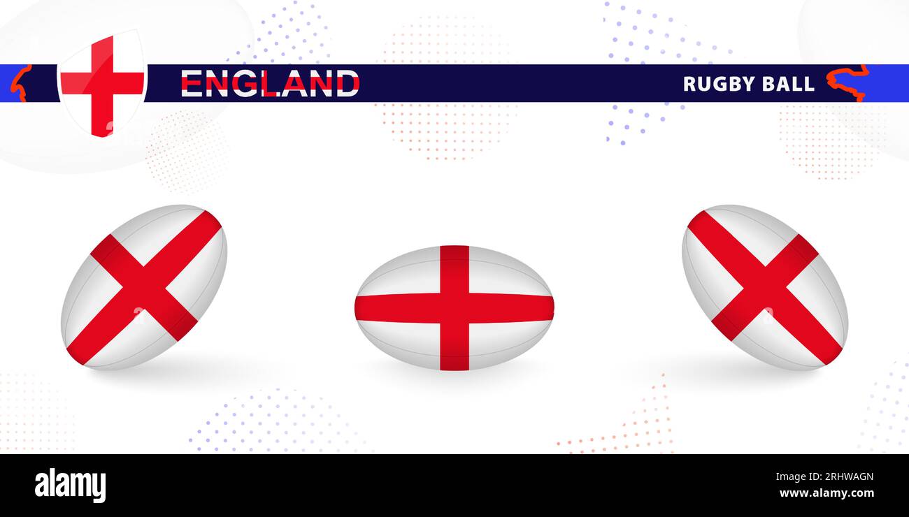 Rugby-Ball mit der Flagge Englands in verschiedenen Winkeln auf abstraktem Hintergrund. Rugby Vector Kollektion. Stock Vektor