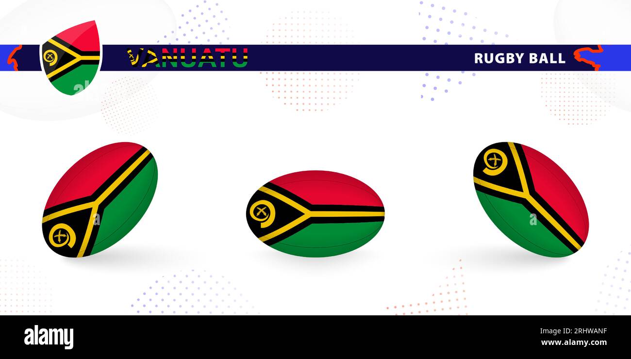 Rugby-Ball mit der Flagge Vanuatus in verschiedenen Winkeln auf abstraktem Hintergrund. Rugby Vector Kollektion. Stock Vektor
