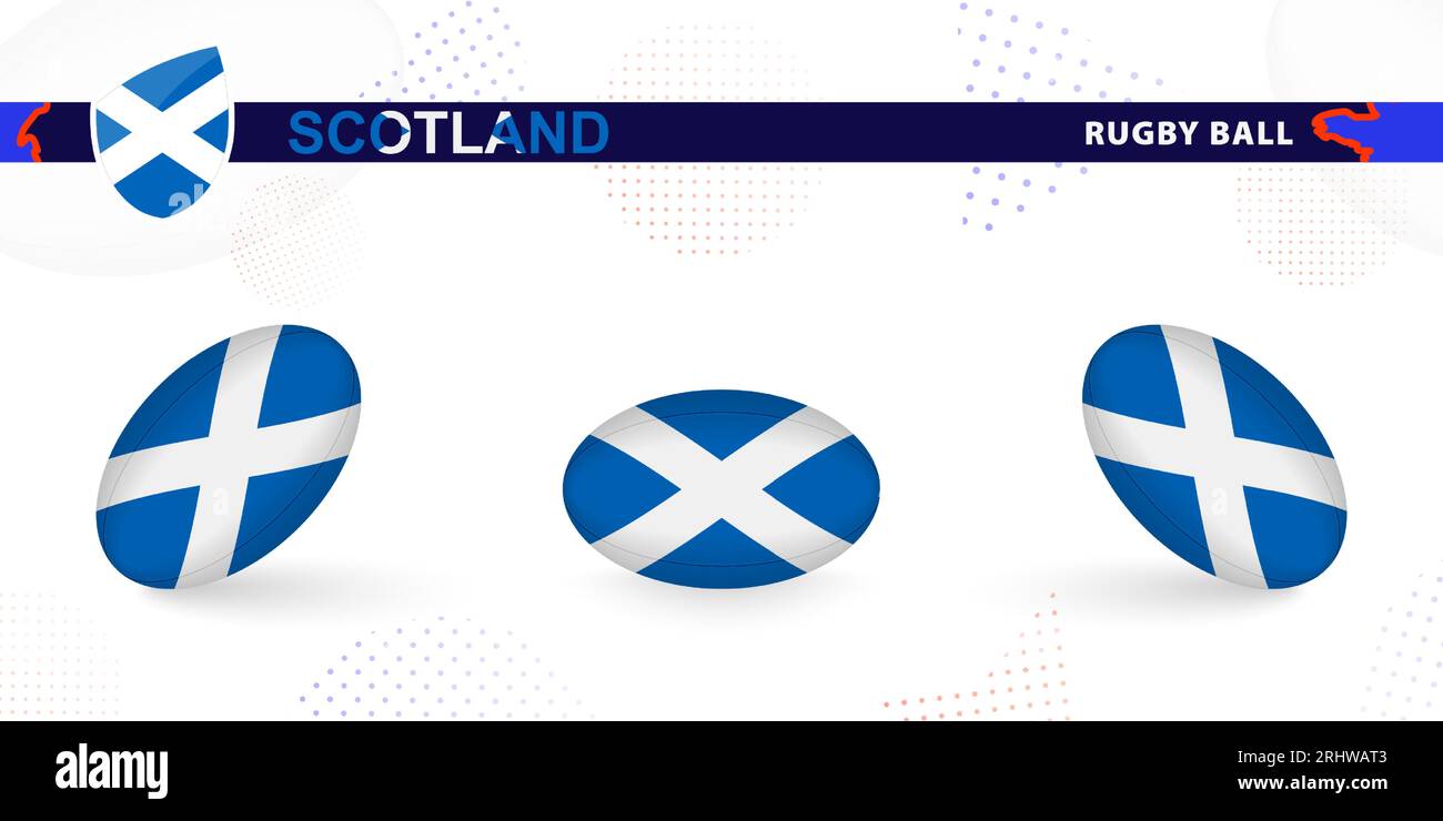Rugby-Ball mit der Flagge Schottlands in verschiedenen Winkeln auf abstraktem Hintergrund. Rugby Vector Kollektion. Stock Vektor