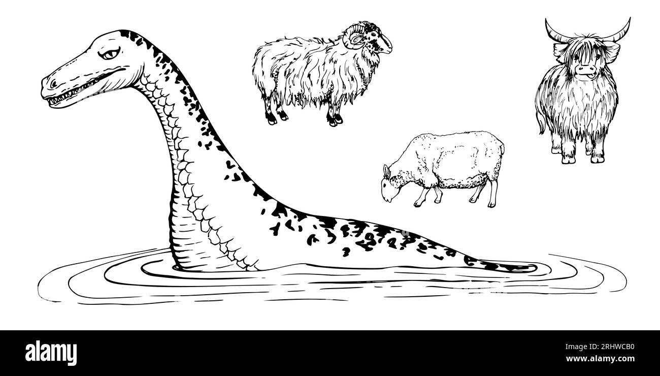 Tusche von Hand gezeichnete Vektorskizze von isolierten Objekten. Tiersymbole in Schottland. Schafe und Widder, haarige Coo-Hochlandkuh, Loch-Ness-Monster. Design-Tourismus Stock Vektor