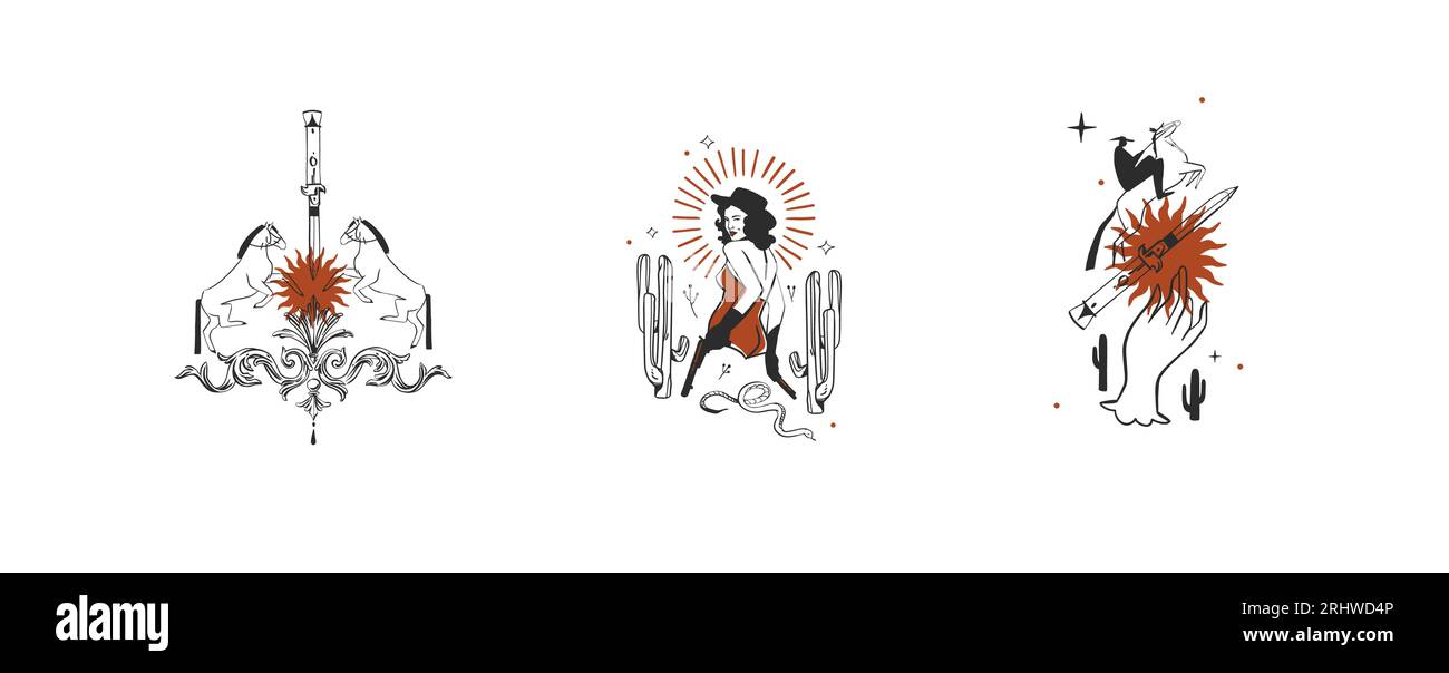 Handgezeichnete abstrakte Vektor Grafik Cliparts Illustrationen Logo Set Kompositionen.Wild Western Design Konzept.Böhmische wilden Westen zeitgenössische Kunst.Cowboy Stock Vektor