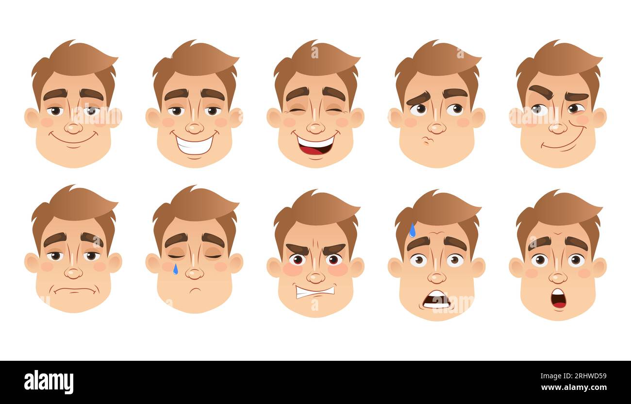 Satz von Gesichtsausdrücken mit männlichen Zeichen. Junger Mann Emoji mit verschiedenen Ausdrücken. Vektorillustration im Comic-Stil. Stock Vektor