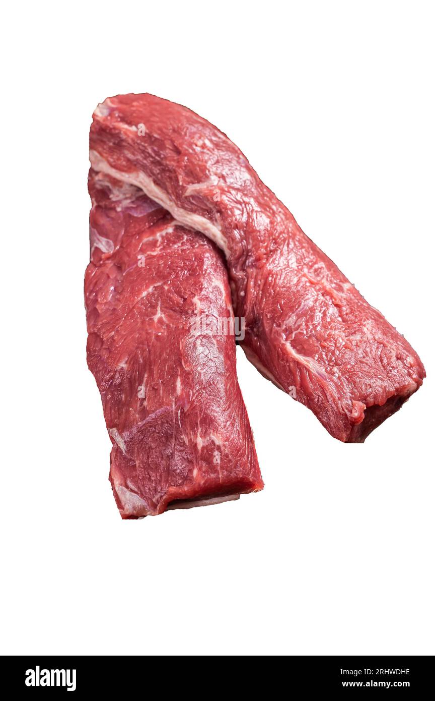 Ungekochtes Lammlende-Filet, rohes Hammel-Fleisch auf Metzgerspeck. Hochwertiges Isolat, weißer Hintergrund Stockfoto