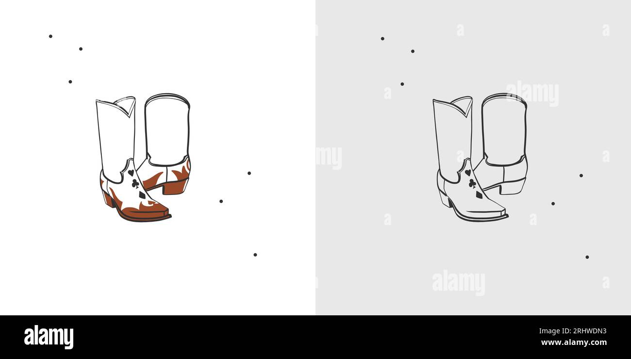 Handgezeichnete abstrakte Vektor Grafik Cliparts Illustration boho Cowgirl Rodeo Boots.Western weiblich Design concept.Bohemian wilden Westen zeitgenössische Kunst Stock Vektor