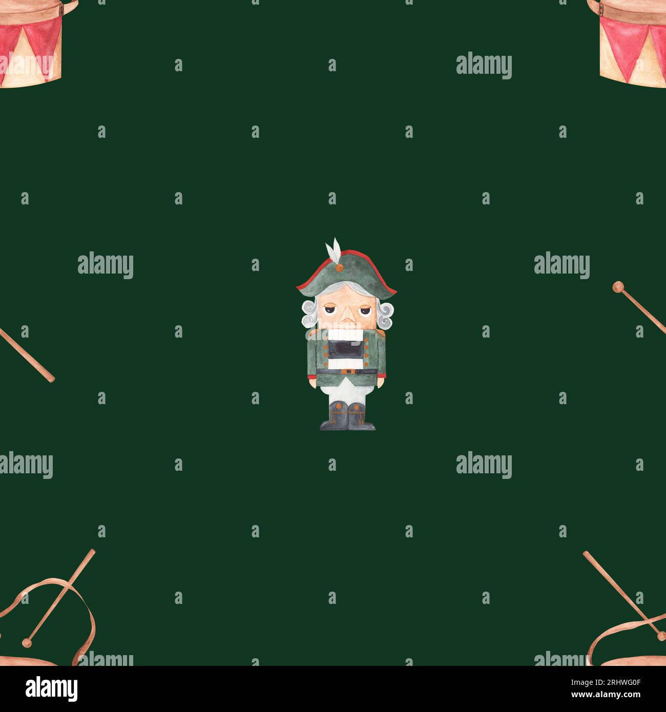 Nussknacker und Trommeln in Aquarellfarben mit nahtlosem Muster. Magisches Muster für Servietten, Tischdecken, Schlafanzüge, Bettwäsche und andere Textilien Stockfoto