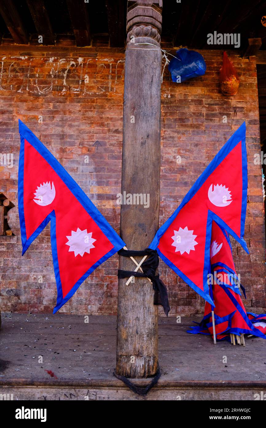 Nepal, Kathmandu-Tal, Kathmandu, Durbar-Platz, geschnitzte Säule am Shree Tanadevi-Tempel Stockfoto