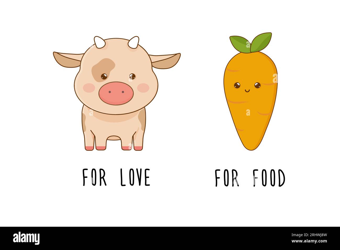 Niedlicher kawaii Animals Vegetarianism-Slogan für die Liebe zum Essen Stock Vektor