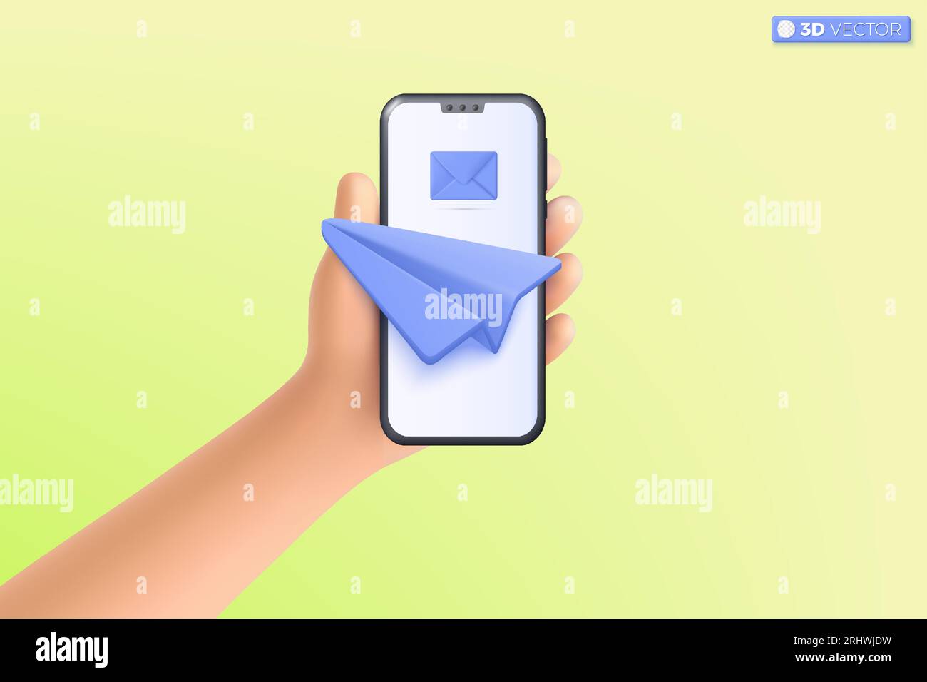 Die 3D-Hand hält das Papierflugzeugsymbol des Mobiltelefons, um das E-Mail-Symbol zu senden. Abonnieren Sie den Newsletter, Social Media Marketing Concept. 3D-Vektorisolierte illust Stock Vektor