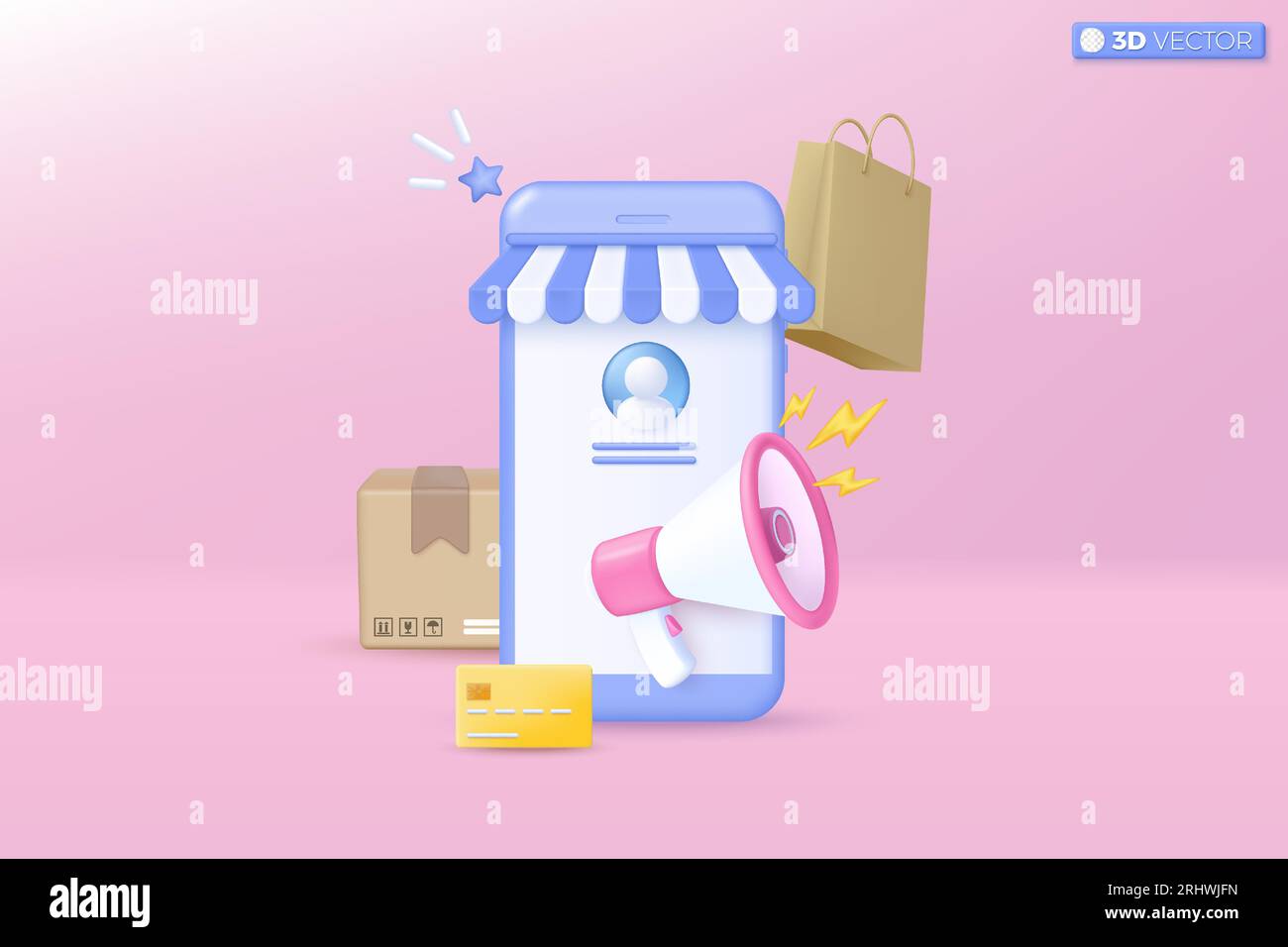 3D-Megaphon-Lautsprecher mit Lightning-Symbol. Lautsprecher kündigen Rabattaktion an, verkaufen reduzierte Preise, Einkaufszeitkonzept. 3D-Vektorisolat Stock Vektor