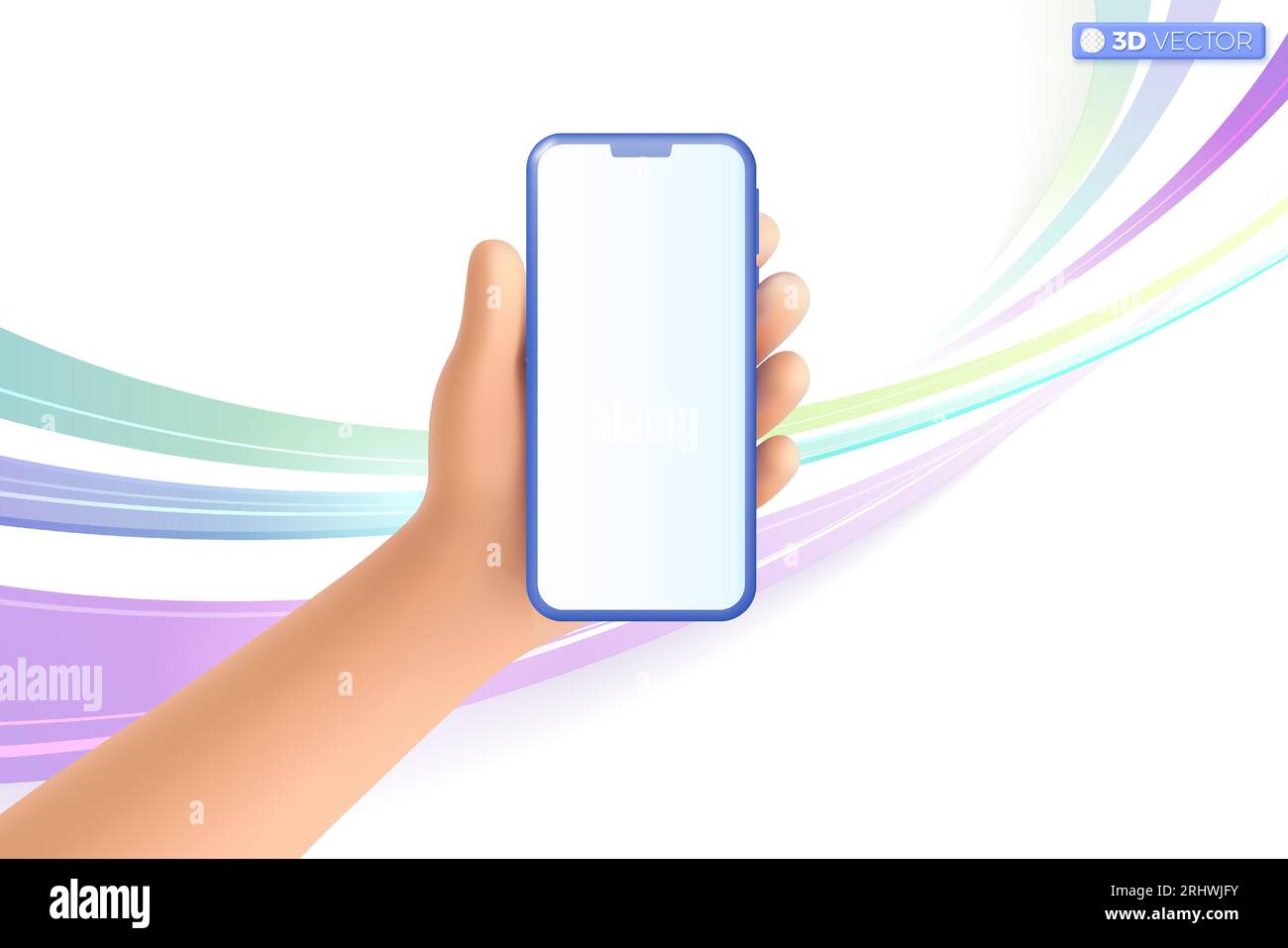 Symbol für die 3D-Handhaltung des Mobiltelefons. Realistisches Smartphone mit leerem Bildschirm auf abstraktem Hintergrund, Modell-Template-Konzept des Telefons. 3D-Vektorisol Stock Vektor